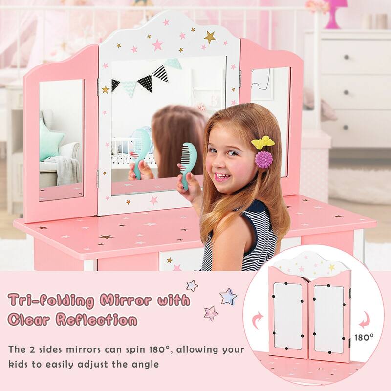 Gymax Kids Vanity Princess Makeup Dressing Table Chair Set W/ - See Details