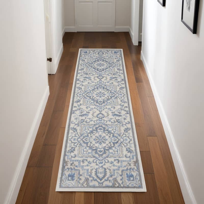 Power Loomed Abstract Floral Traditional Non Skid Stain Resistant Low Pile Area Rug - 90' X '27' X '0.25 - 90' X '27' X '0.25 - Oxford Blue - Runner