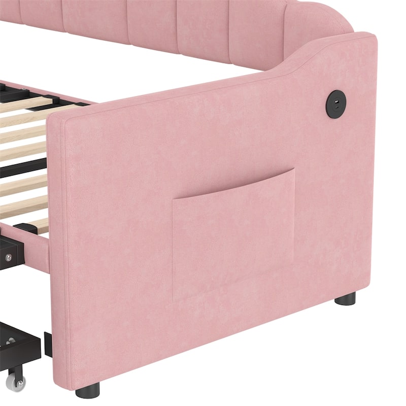 Upholstered Twin Size Daybed w/Adjustable Height Pop Up Trundle Bed