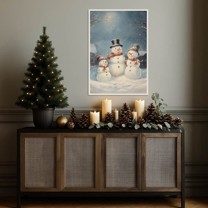 Snowman Family by Melloi Art Prints (23 x 33 in.), Framed Canvas Wall Art Print - Sylvie Beaded White