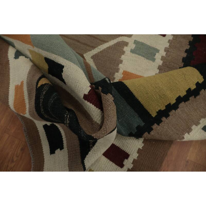 Hand Woven Oriental 100% Wool Carpet Southwestern Tribal Brown Kilim Area Rug - 14' 3'' X 11' 10''