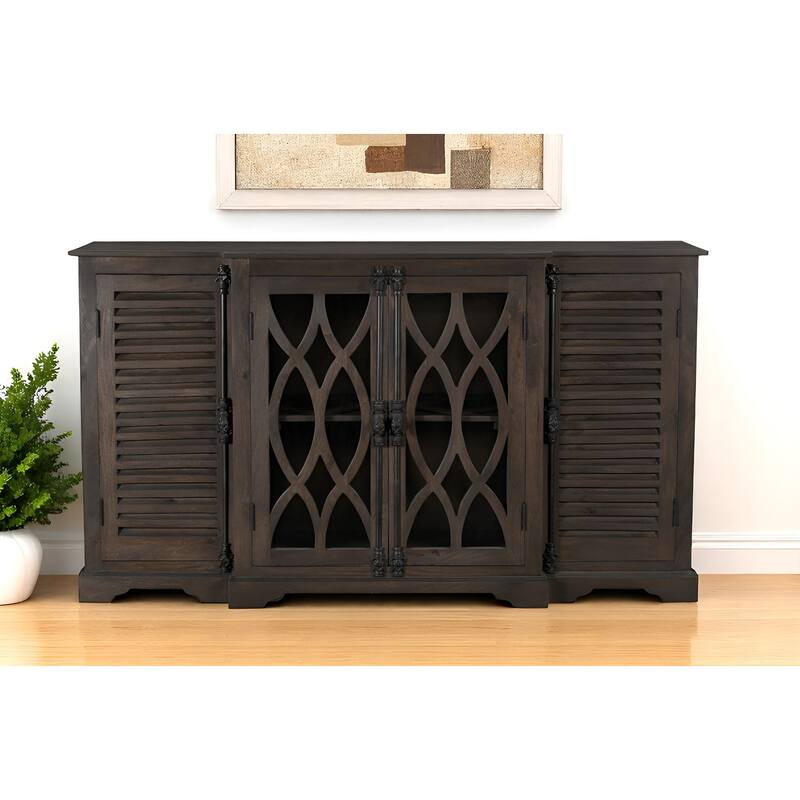 HomeRoots 70" Dark Brown Solid Wood Carved Geometric Sideboard with Four Doors - 70.00 in. x 40.00 in. x 18.00 in. - 70.00 in. x 40.00 in.  x 18.00 in.