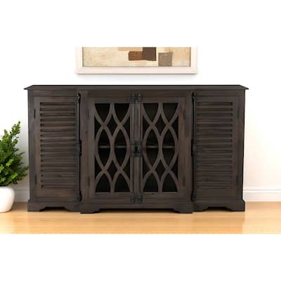 HomeRoots 70" Dark Brown Solid Wood Carved Geometric Sideboard with Four Doors - 70.00 in. x 40.00 in. x 18.00 in.