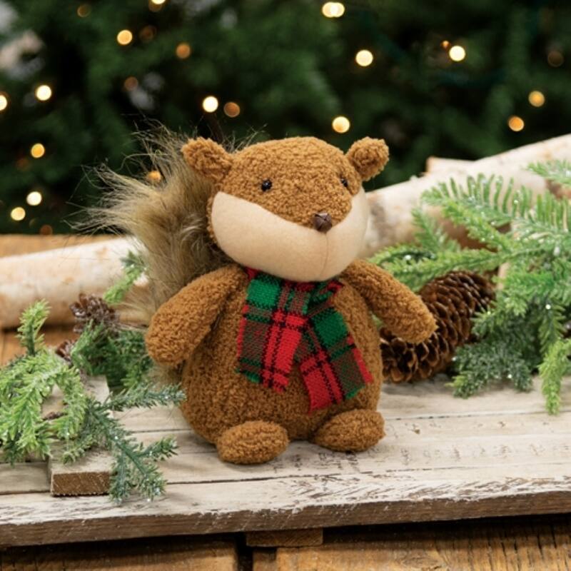 Stuffed Squirrel Sitter with Plaid Scarf Christmas Decoration - 4" x 3" x 6"