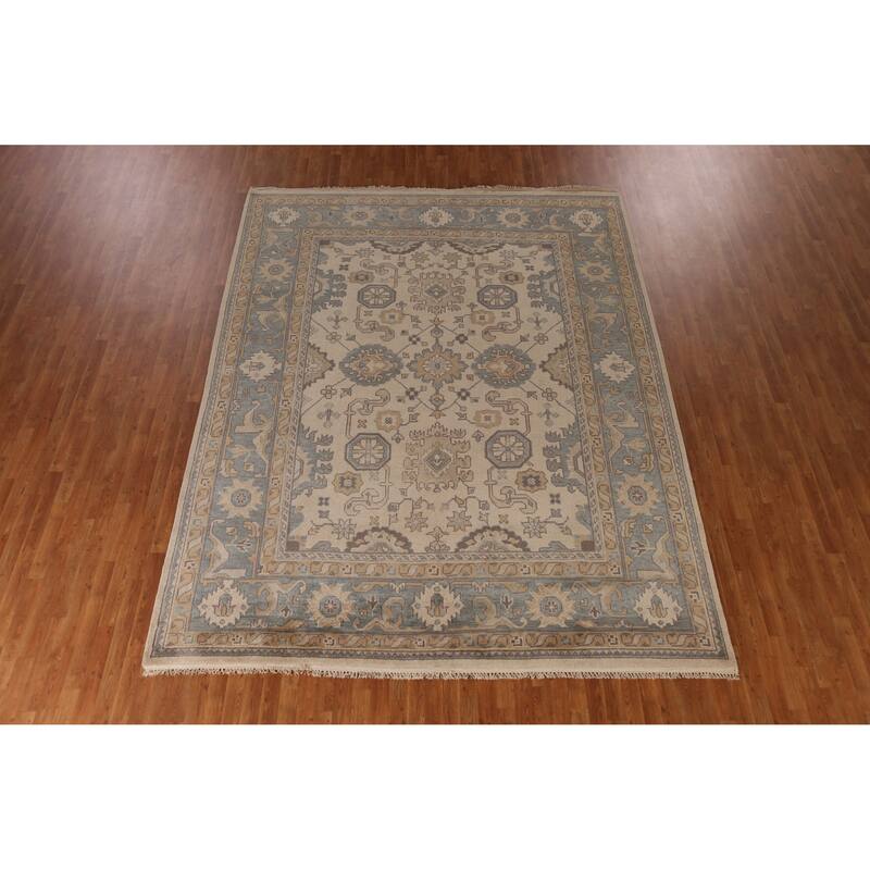 Earth Tone Geometric Oushak Indian Area Rug Handmade Wool Carpet - 9'3" x 11'11"