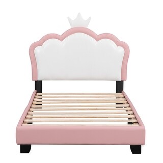 Twin Upholstered Leather Platform Bed w/ Crown Headboard for Kids,Pink