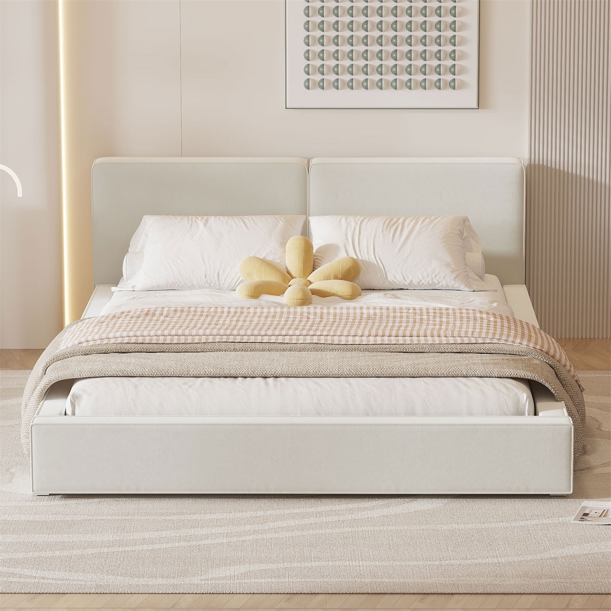 Queen Size Upholstered Platform Bed with Velvet Fabric and Solid