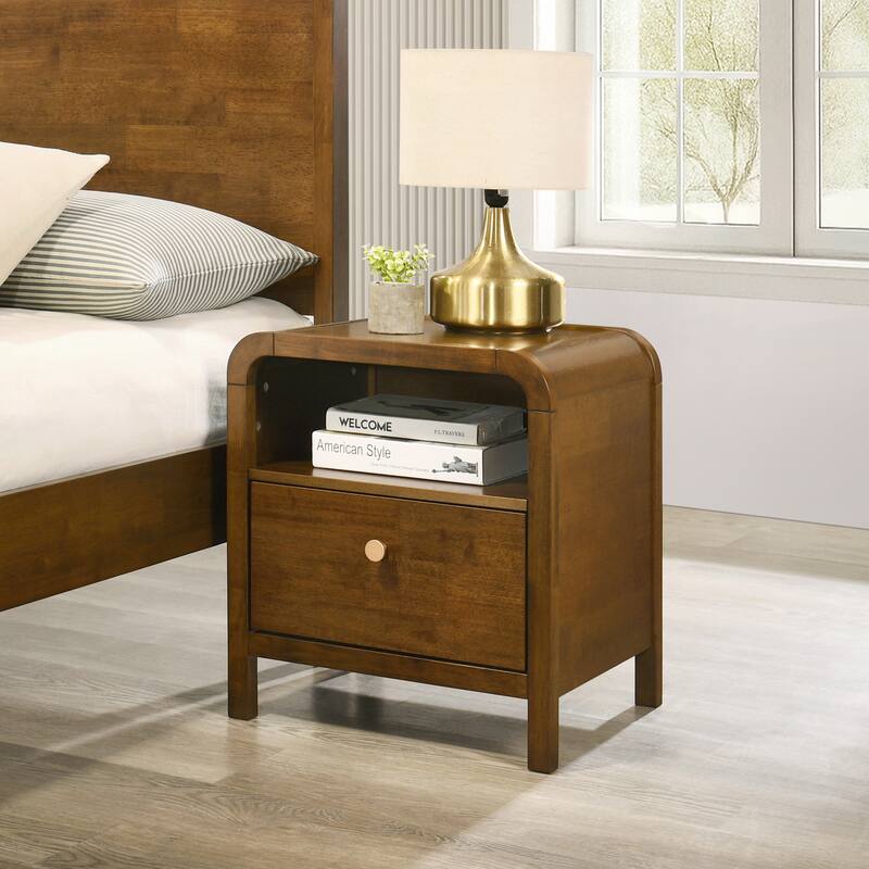 Roundhill Furniture Eldren Wood Bedroom Set, Platform Bed with Dresser, Mirror, and Nightstand in Walnut Finish