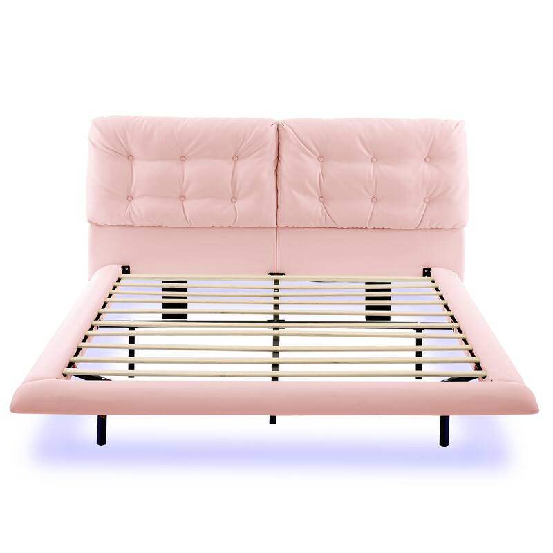 Christopher Knight Home- Lorcan PU Leather Floating Bed Frame with LED Lights and Button-Tufted Headboard