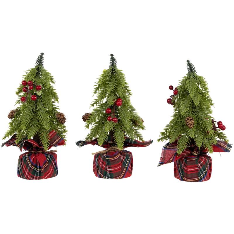 Mini Downswept Pine Artificial Christmas Trees Pine Cones 9" Set of 3 - Tabletop