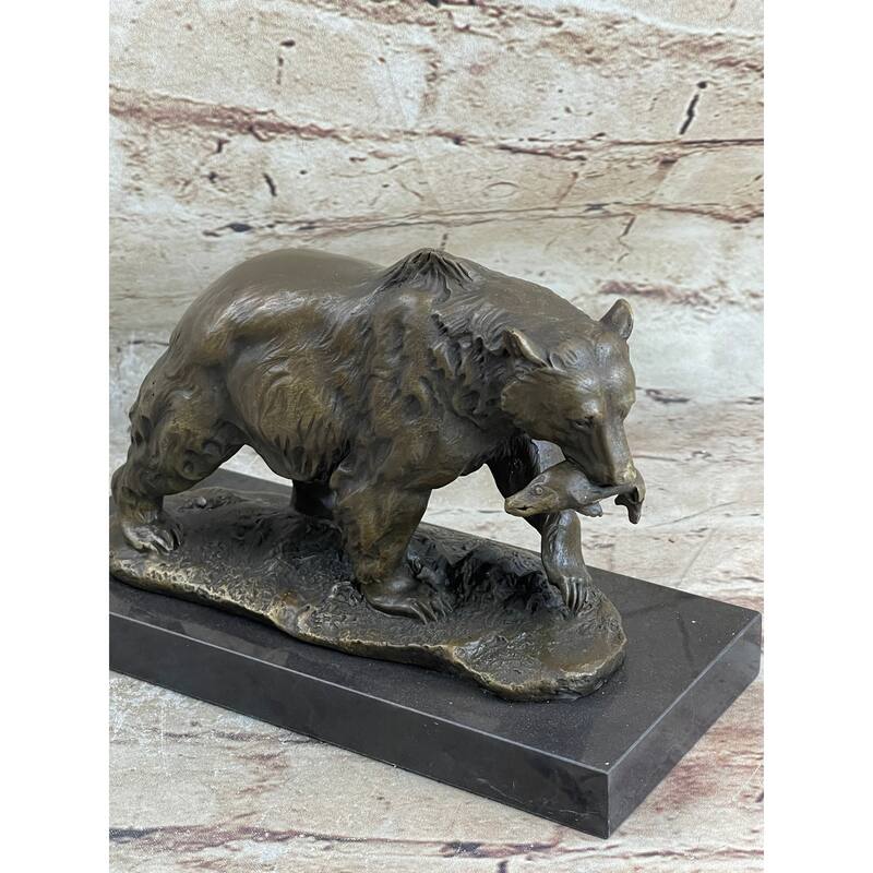 Bronze Grizzly Bear Hunting Fish River Sculpture Art Figurine Marble Base Figure