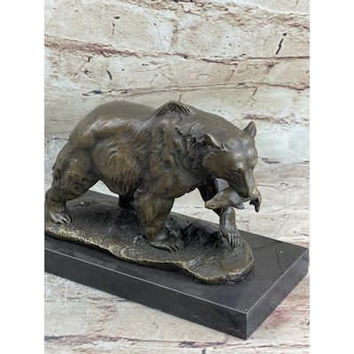 Bronze Grizzly Bear Hunting Fish River Sculpture Art Figurine Marble Base Figure