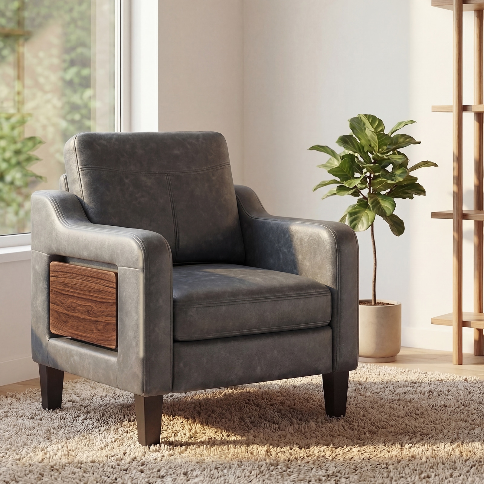 RENEWLINE Faux Leather Armrest Side Table Modern Accent Chair (Set of 1)