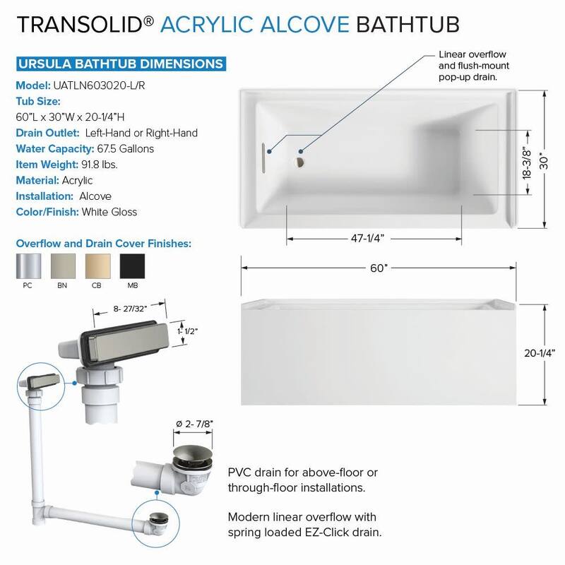 Transolid UATLN603020-R Unity 60" x 30" Three Wall Alcove Acrylic