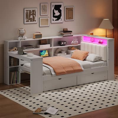 Wood Daybed Twin Size Platform Bed with Storage Shelves, Drawers, Charging Station, Desk, LED and Upholstered Cushion Headboard