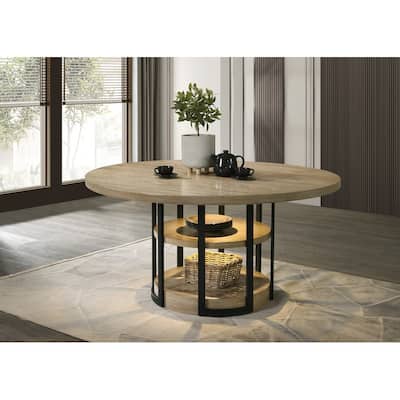 Eden 59" Round Rustic Oak Dining Table with LED Light, Black Metal Frame, Shelves