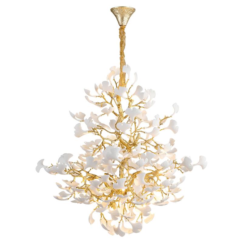 Modern Ginkgo Leaf Ceramic Chandelier, Moon Ring Round Pendant Light, D550-D1200, Gold Finish