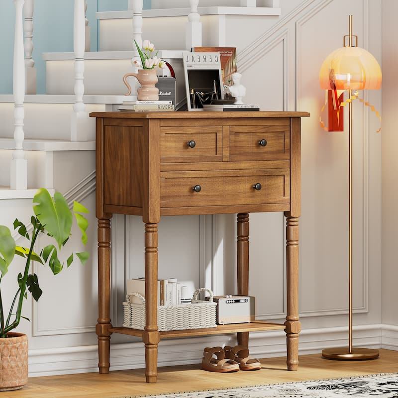 23.7" Narrow Entryway Table with 3 Drawers and Open Bottom Shelf, Slim Console Table for Living Room, Foyer, Hallway, Entryway - Natural
