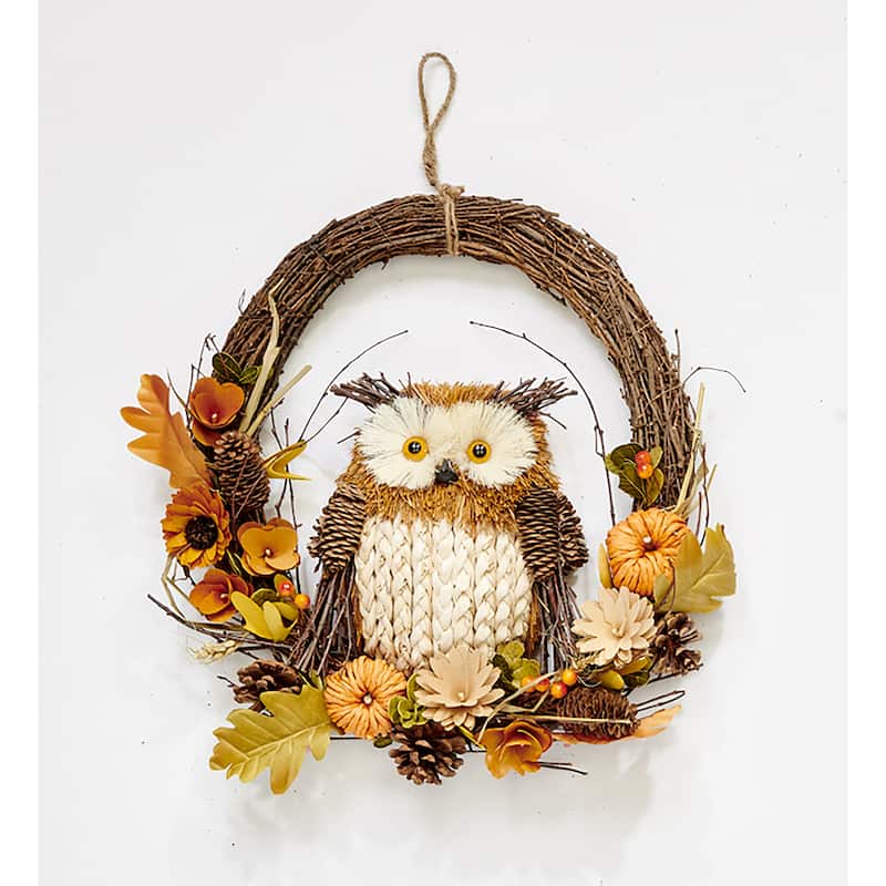 18" Owl Sitting on Fall Artificial Floral Arrangement Half Wreath With Natural Twigs