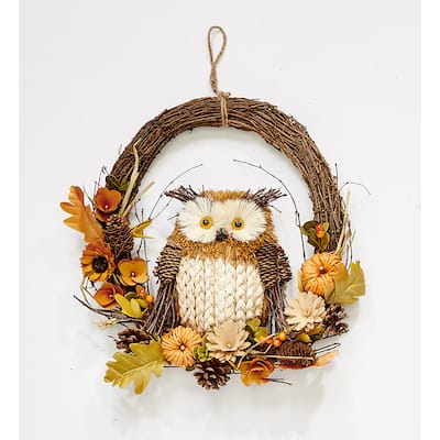 18" Owl Sitting on Fall Artificial Floral Arrangement Half Wreath With Natural Twigs