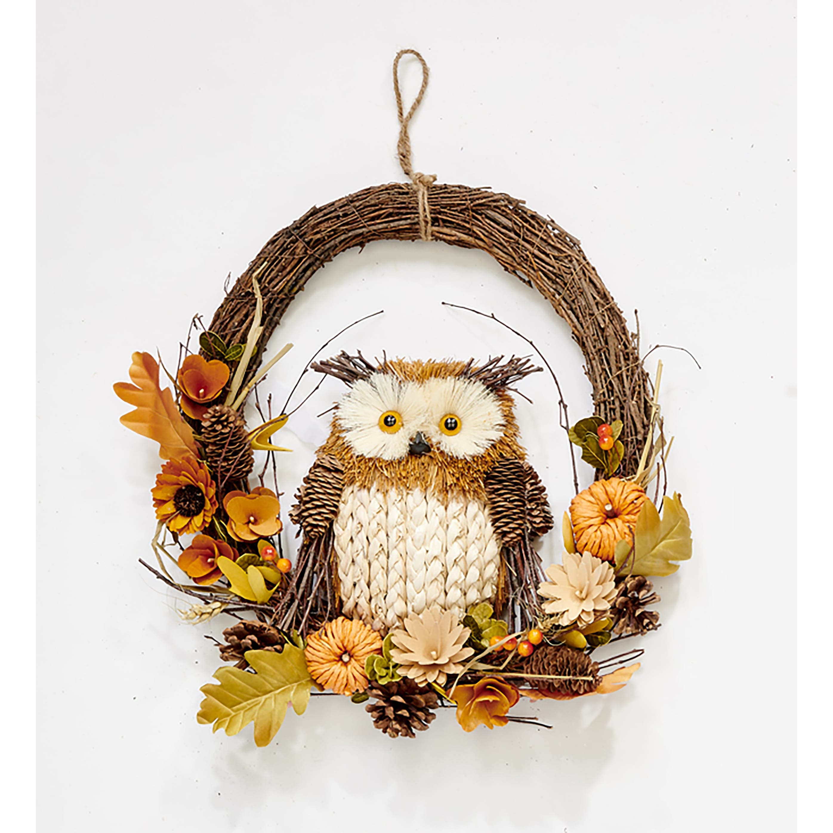 18" Owl Sitting on Fall Artificial Floral Arrangement Half Wreath With Natural Twigs