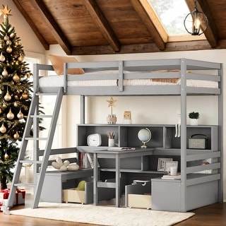 Modern Twin Loft Bed with Desk,Storage Shelves & Drawers,Space-Saving Design