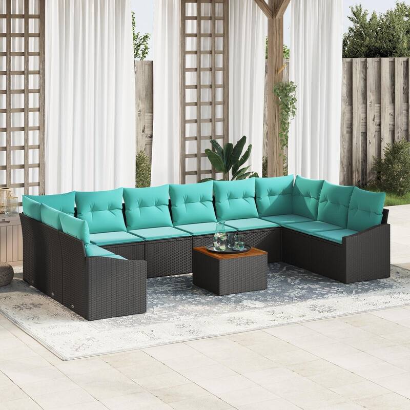 vidaXL 11 Garden Sofa Set with Cushions Black/Grey Poly Rattan - 135.4 x 70.3 x 27.2 - Black