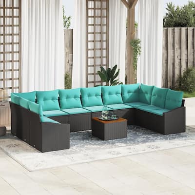 vidaXL 11 Piece Garden Sofa Set with Cushions Black Poly Rattan Acacia - 94.1×24.4×27.2