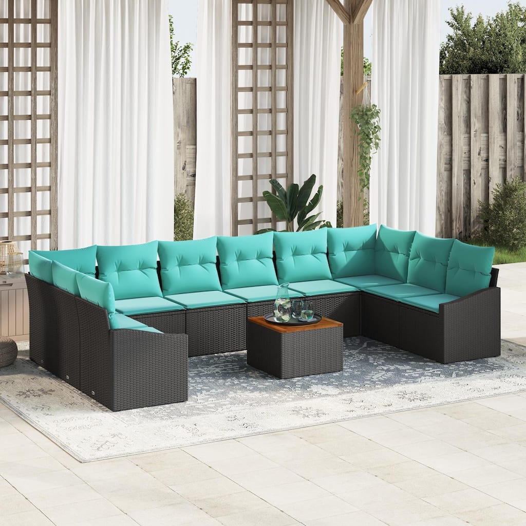 vidaXL 11 Piece Garden Sofa Set with Cushions Black Poly Rattan Acacia - 94.1×24.4×27.2