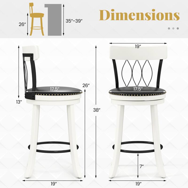 Set of 2 Swivel Bar Stools with Backrest and Tufted Faux Leather Seat for Kitchen Island