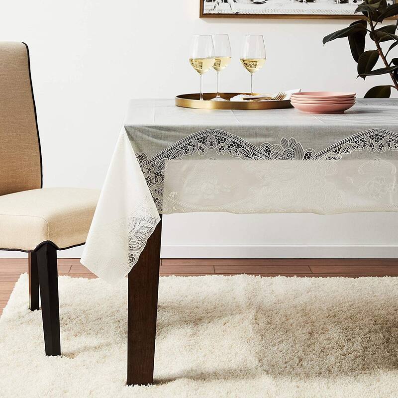 Violet Linen Vinyl Lace Battenberg embossed Floral Pattern Tablecloth - 60" X 90" - Ivory