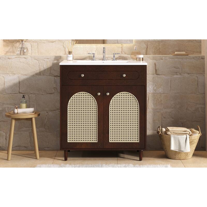 30" Bathroom Vanity with Ceramic Sink, Solid Wood Frame Bathroom Sink Cabinet with Adjustable Shelf, Tip-Drawer