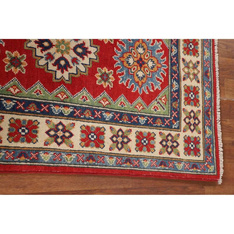 Kazak Foyer Rug Hand-Knotted Red Geometric Wool Carpet - 2'6" x 4'1"