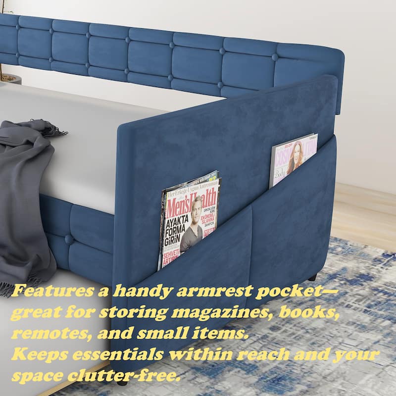 Daybed with Trundle, Velvet Upholstered Twin Size Day Bed Pull-Point Sofa Daybed Frame w/Twin Trundle, No Box Spring Needed,Blue