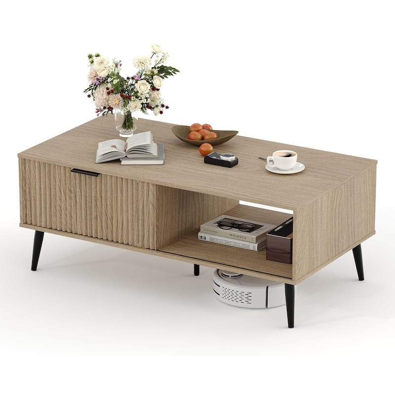 Coffee Table with Storage, 2-Tier Wooden Coffee Table with Sliding Door,