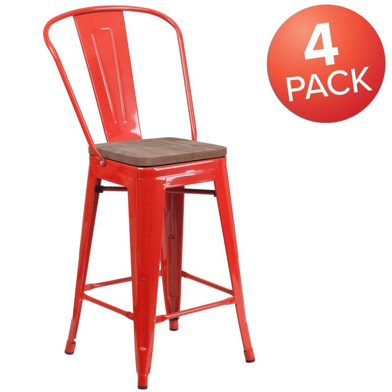 4 Pack 24" High Metal Counter Height Stool with Back and Wood Seat - 17.75"W x 20"D x 39.25"H