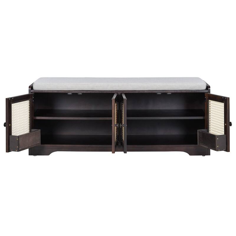 Rustic 47.4" Storage Bench Multifunctional Wooden Entryway Organizer with Removable Cushion and Rattan Doors