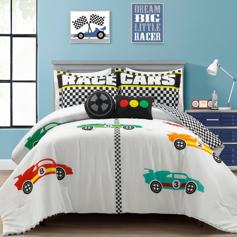 Lush Decor Racing Cars Reversible Oversized Comforter Set - White - Full - Queen