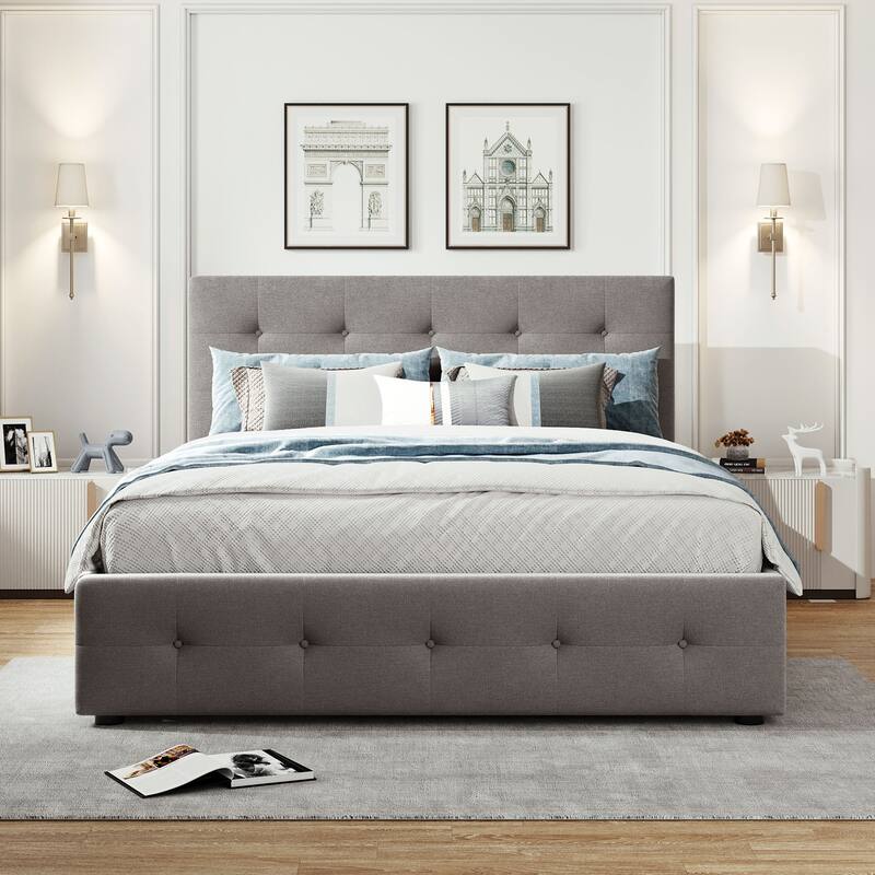 Queen Size Upholstered Platform Bed with 2 Drawers and Twin XL Trundle, Linen Fabric, Light Gray