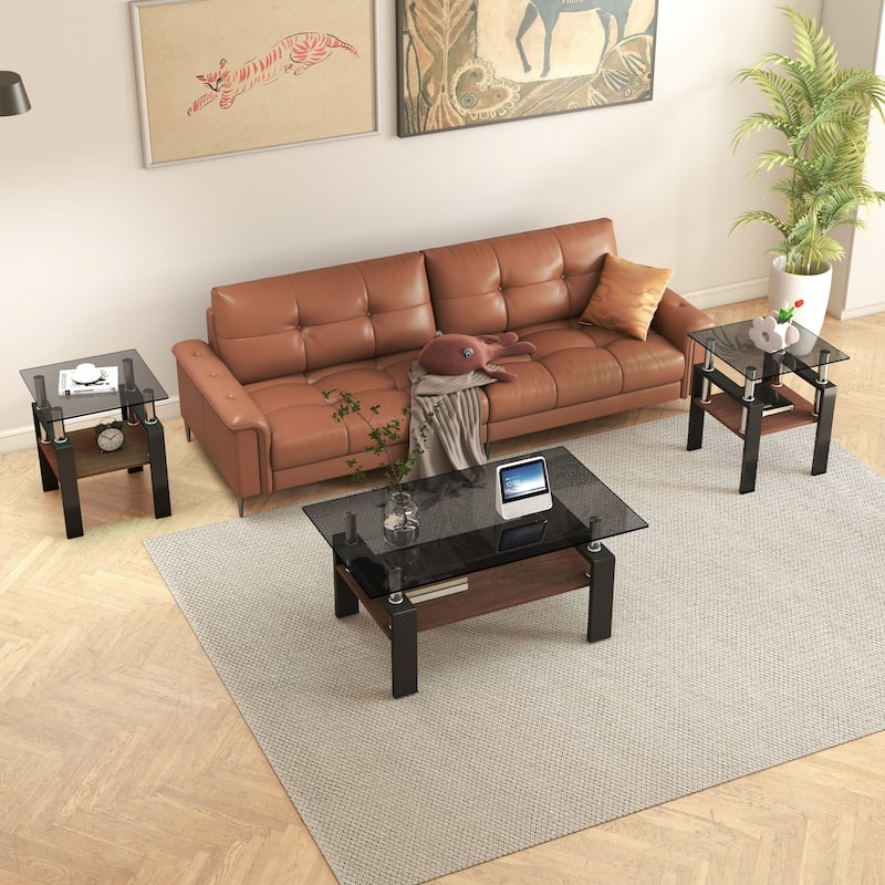 Set of 2 Modern Tempered Glass Tea Table ,Tempered Glass Tabletop with MDF Layer,Coffee Table