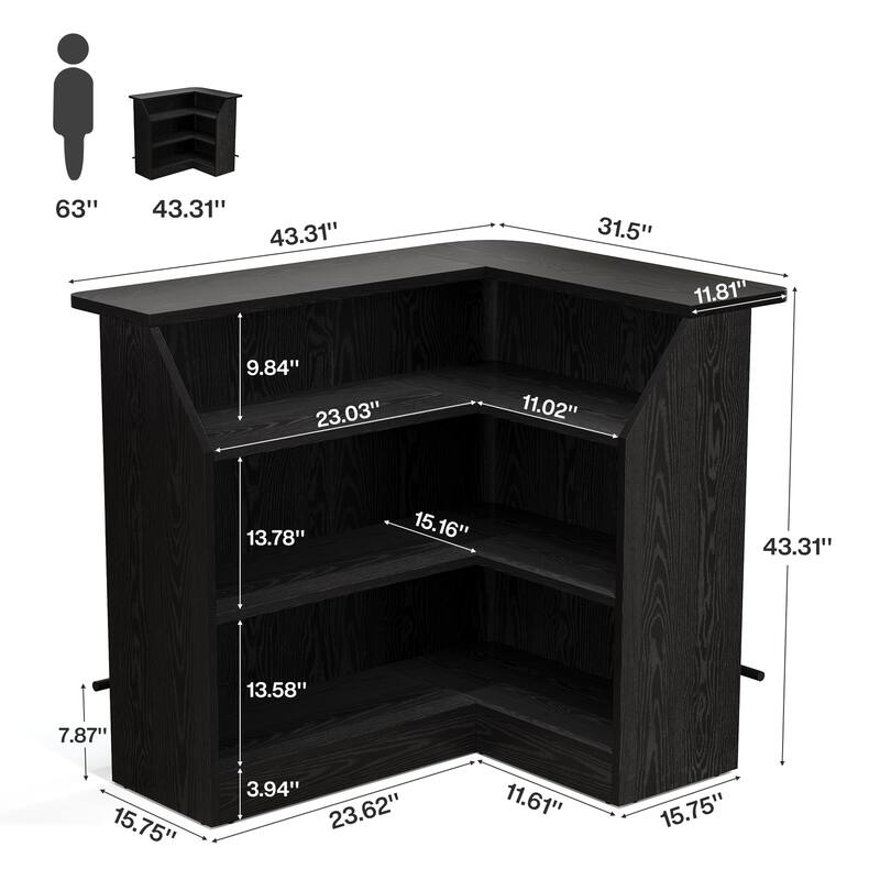L Shaped Bar Table, 4-Tier Home Bar Unit with Metal Footrest