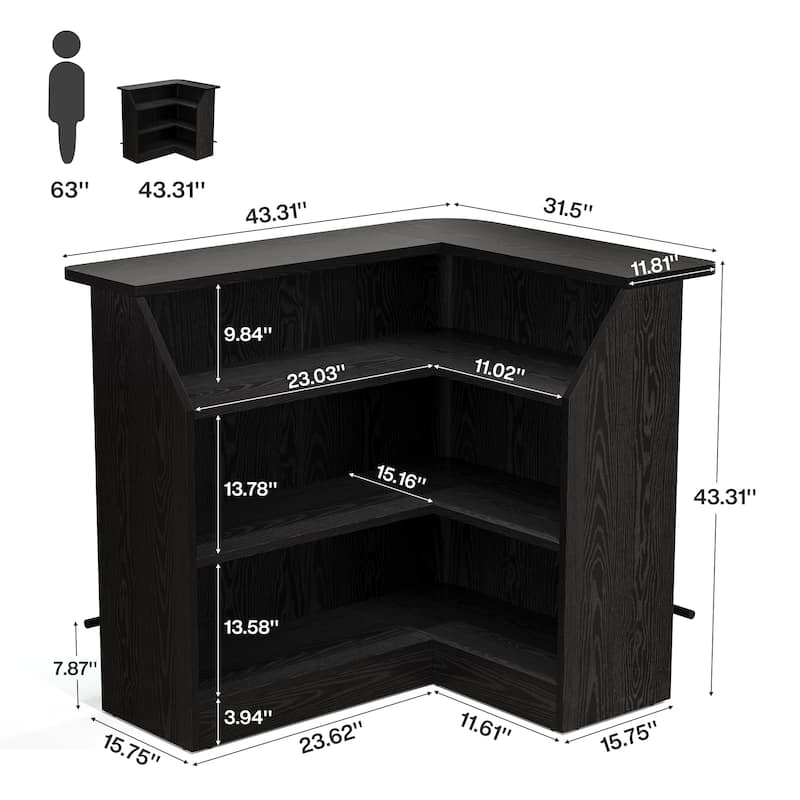 L Shaped Bar Table with Metal Footrest, 4-Tier Home Bar Unit