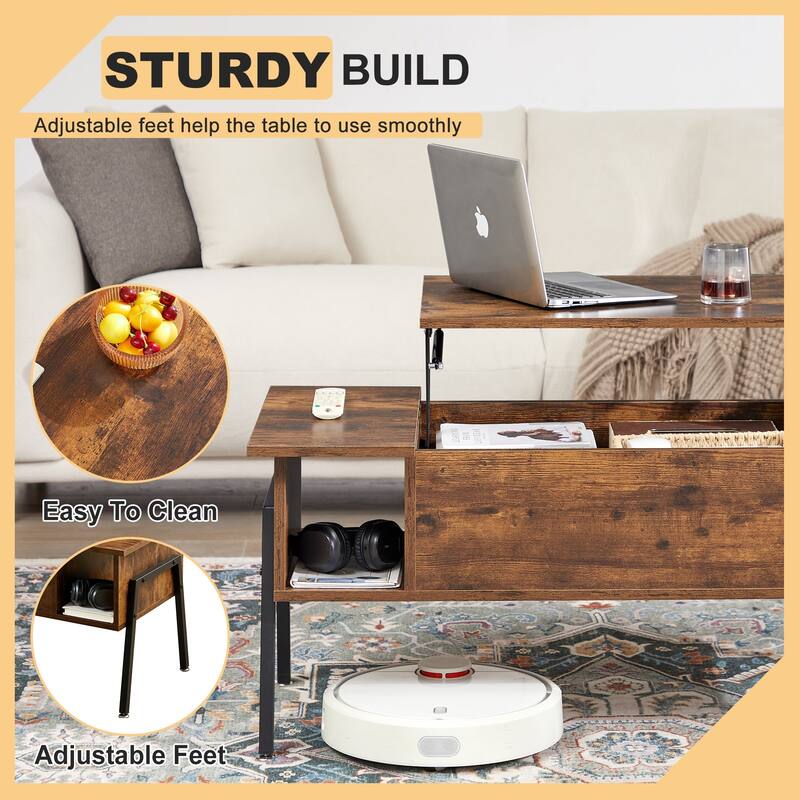 VECELO Modern Lift Top Coffee Table with Hidden Storage 2 Side Shelves Space-Saving Design for Living Room