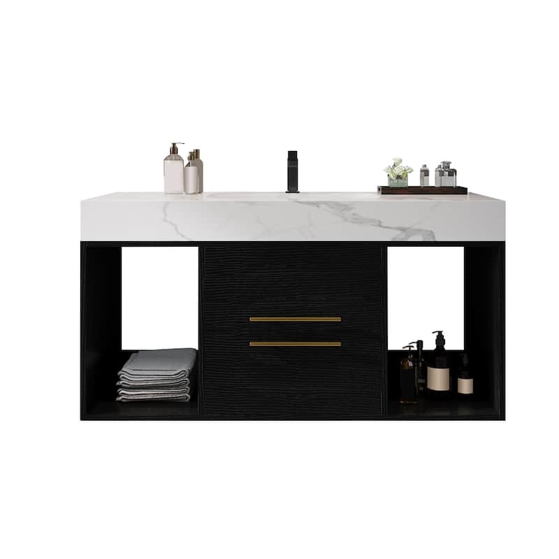 Modern Wall Mounted Bathroom Vanity Floating Storage Cabinet with Ceramic Sink, Faux Marble Countertop, Drawers and Open Shelves