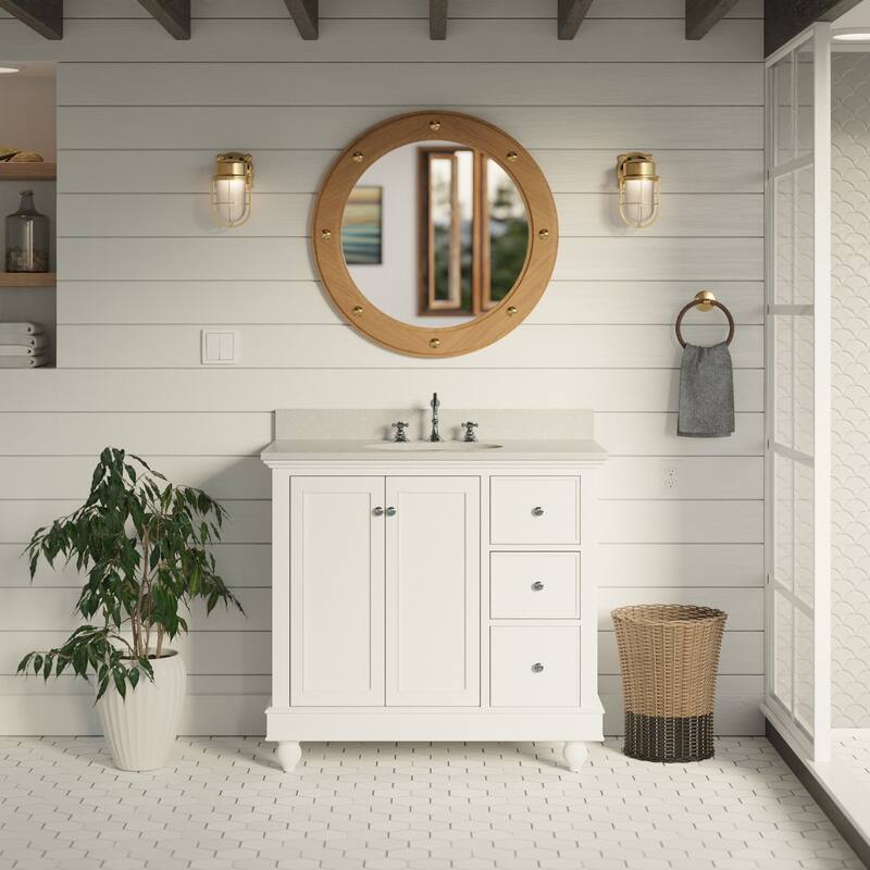 KitchenBathCollection Bella 36" Bathroom Vanity with Quartz Top - White