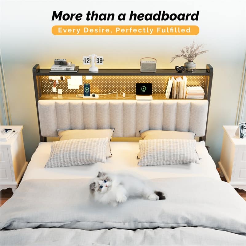 Adjustable Upholstered Headboard with 2 Tier Shelves with Charging Stations and LED Lights, Modern Bed Headboard with Storage