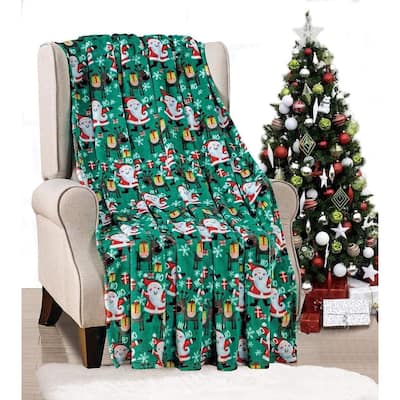 Ho Ho Ho Merry Christmas Collection Microplush Holiday Throw Blanket (60" x 50") - Green Santa - Christmas Throw Blanket