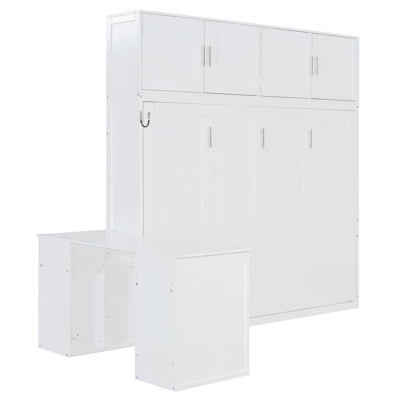 Queen Size Murphy Bed with Desk, Modern Foldable Wall Bed with Storage Shelves and Large Cabinets, Space-Saving Wood Bed Frame