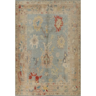 Vegetable Dye Blue Oushak Oriental Rug Hand-Knotted Wool Carpet - 4'11" x 6'11"