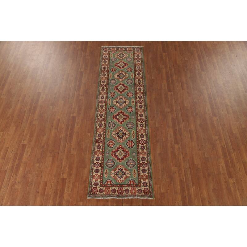 Green Kazak Runner Rug Handmade Wool Carpet - 2'8" x 9'7"